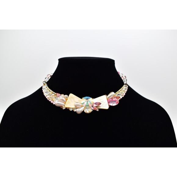 Wendy Gell Vintage Collar Necklace Cluster Pink AB Crystal Pearl Signed 80s BinN - Picture 1 of 12